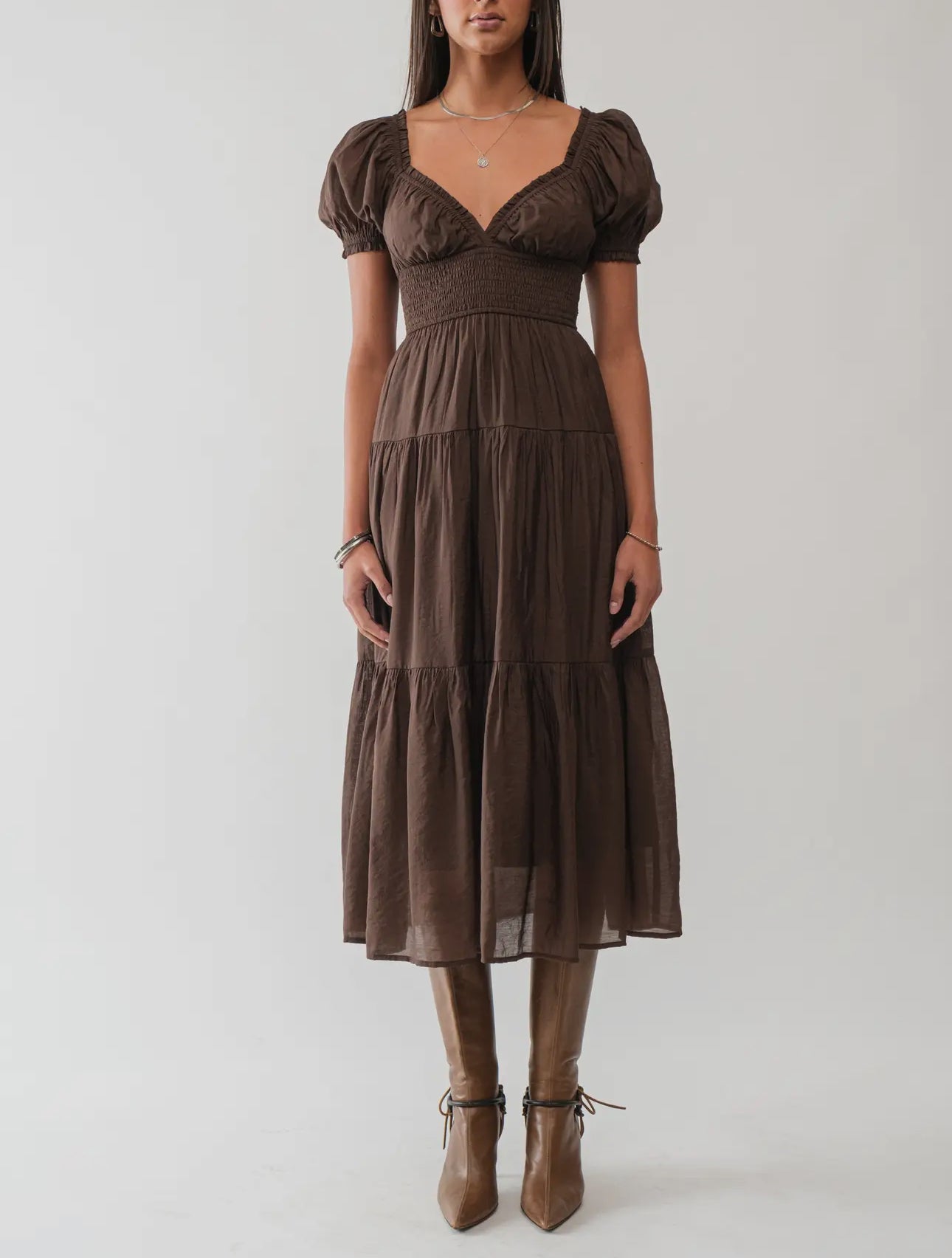 Tiered midi dress with smocked waist