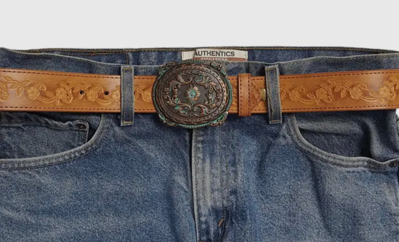 Western brass patina buckle/ tooled leather