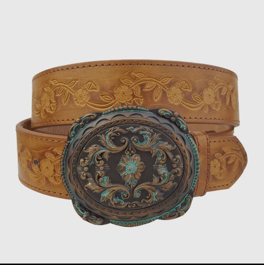Vintage floral genuine leather belt