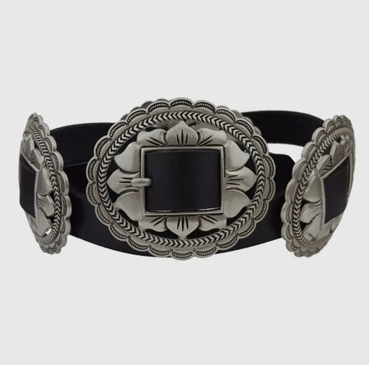 Black genuine leather concho belt