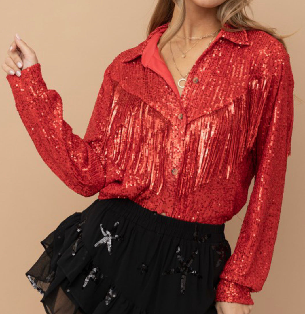 Red fringe button top